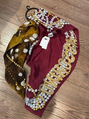 Moschino Burgundy & Mustard Logo-Detail Silk-Effect Scarf